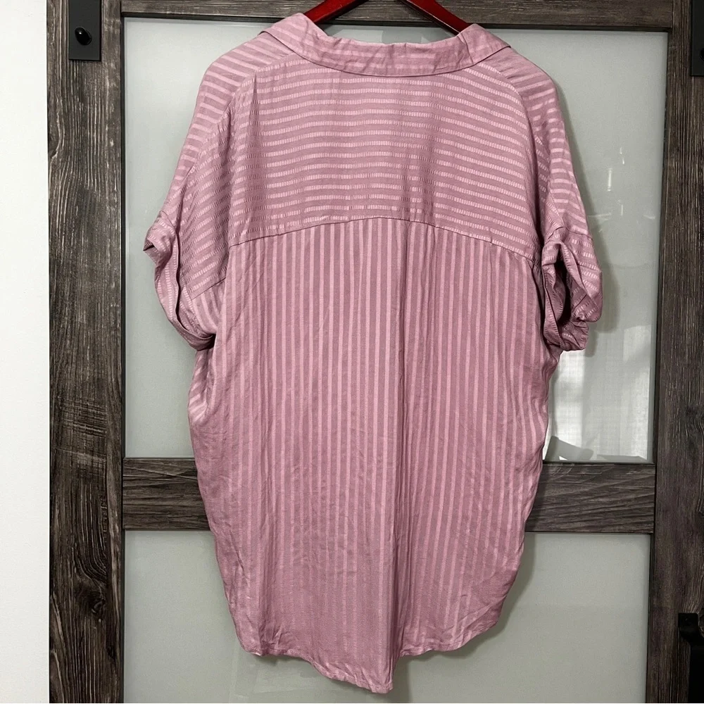 She + Sky Lagenlook Slouchy Oversized Mauve Striped Shirt Johnny Collar NWT L - Picture 2 of 7